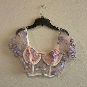 Embroidered mesh floral crop top
